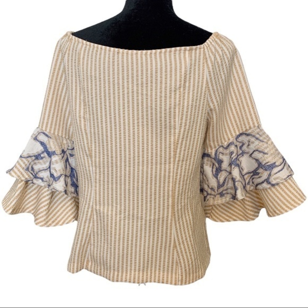Alberto Makali Striped Off‎ Shoulder Blouse Ruffle Sleeve Elegant Top